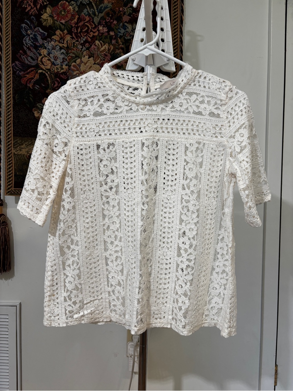LOFT Petite Ivory Cotton Lace High Neck Blouse XSP Romantic